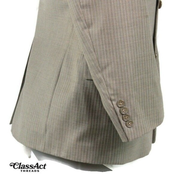 Austin Reed Mens 2 Piece Suit Tan Striped 3 Btn Wool 40R Pleated Fronts 34" W - Picture 6 of 10